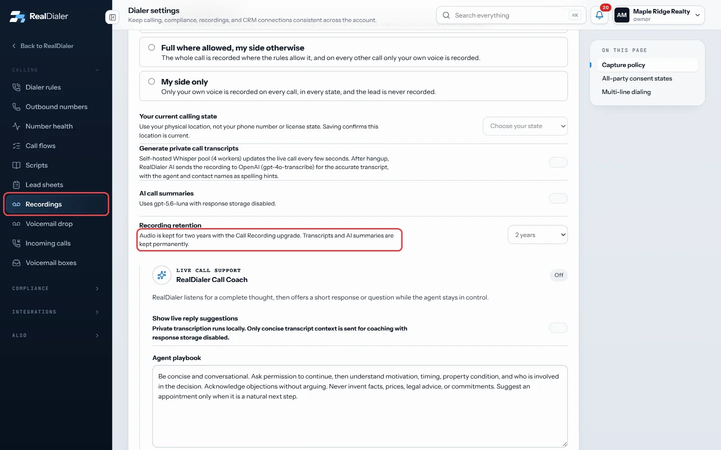 Settings, Recordings: Recording retention