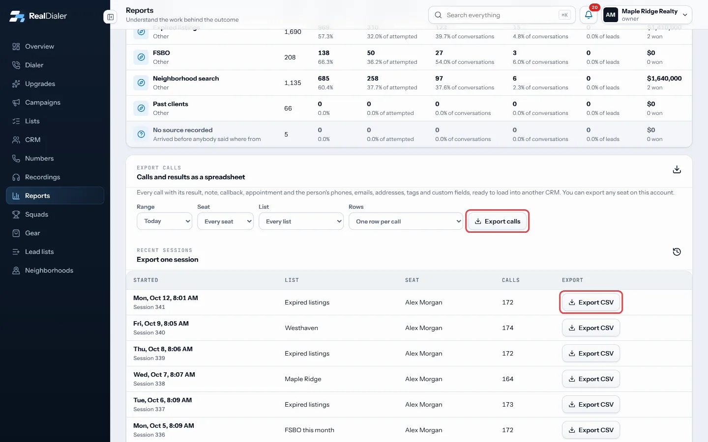 Export calls, or Export CSV for one session