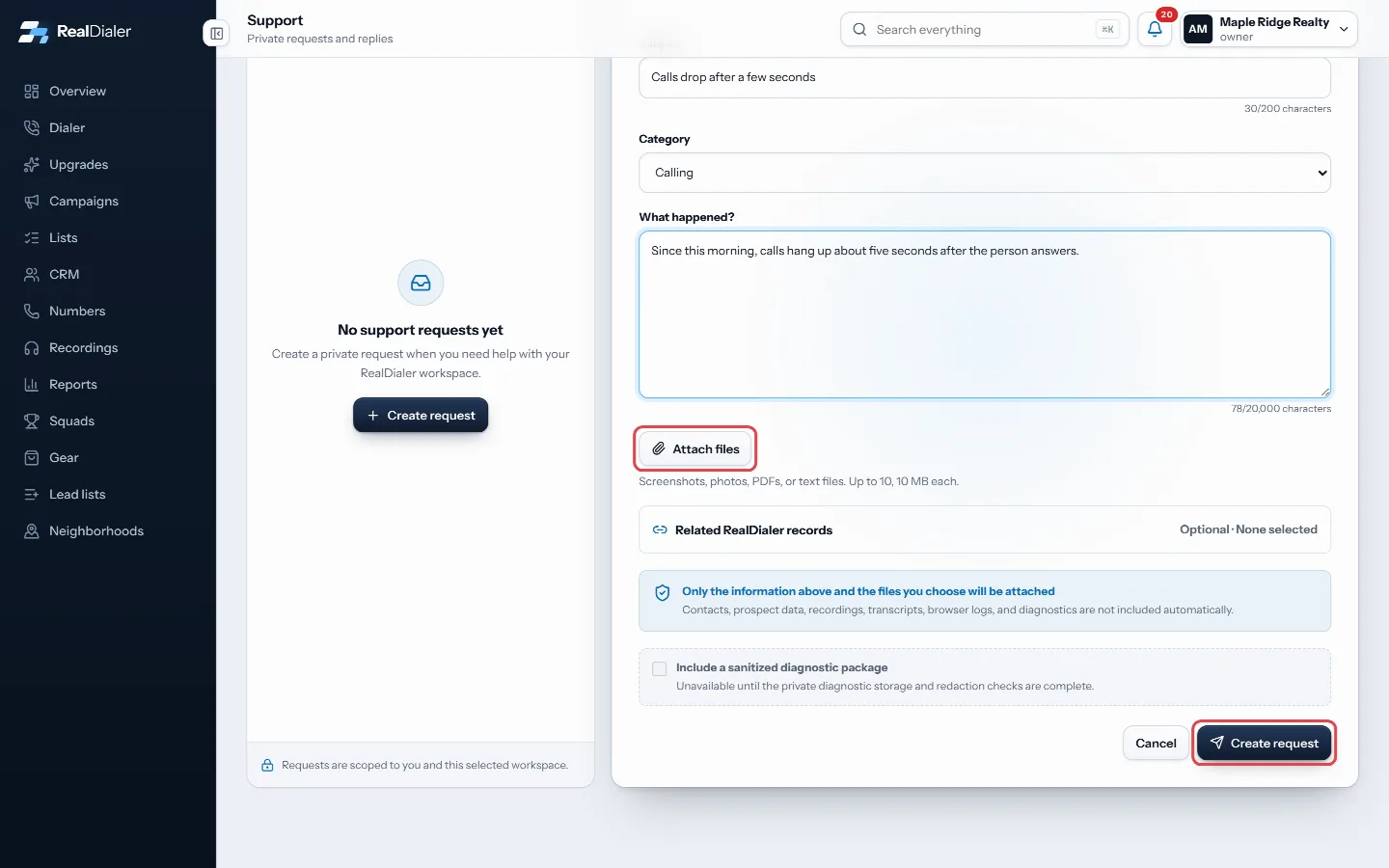 Attach files if they help, then press Create request