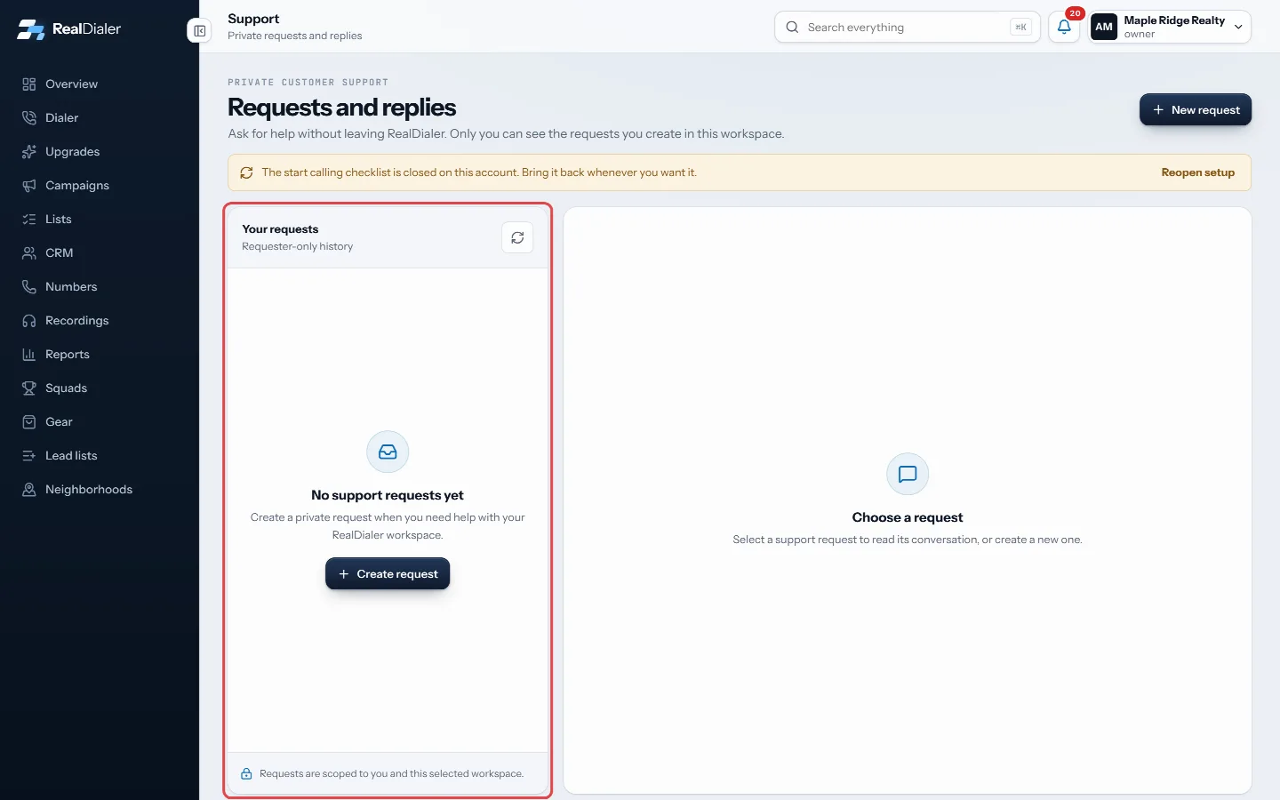 Emailed requests show under Your requests on the Support page