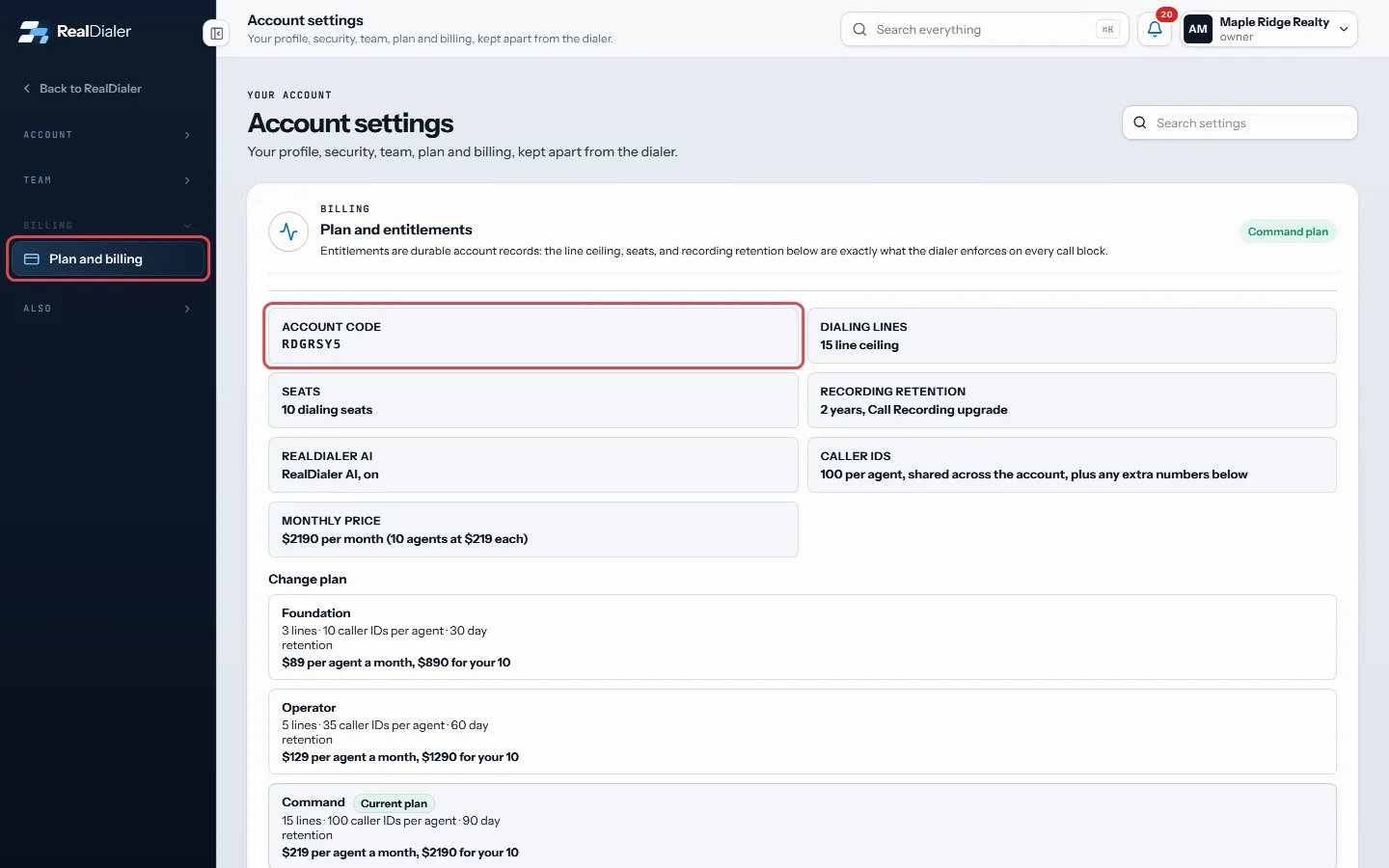 Your account code, starting with RD, is on Plan and billing