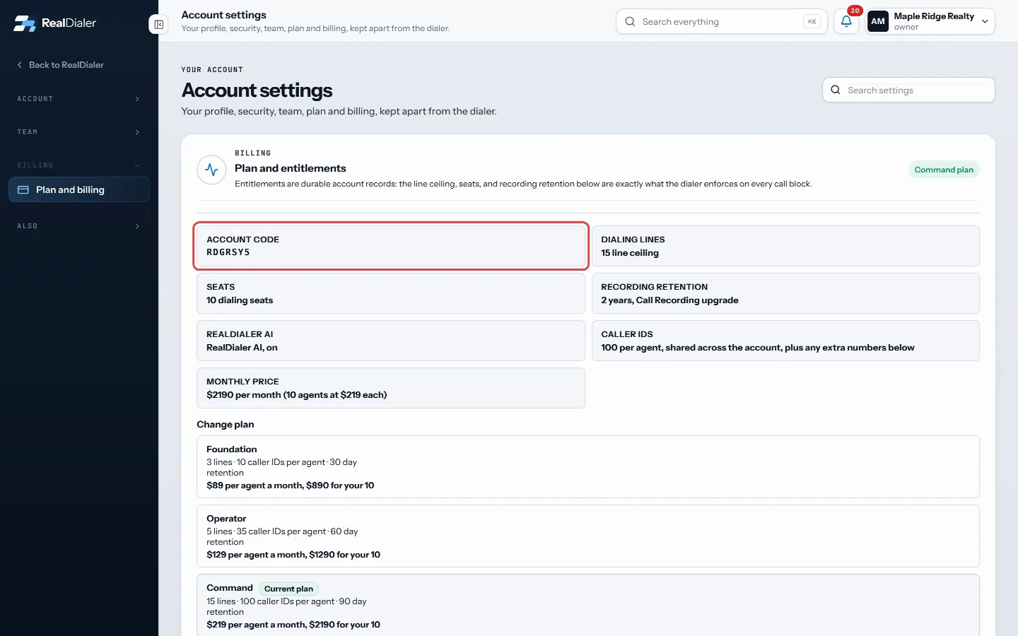Give your coach the account code from Plan and billing