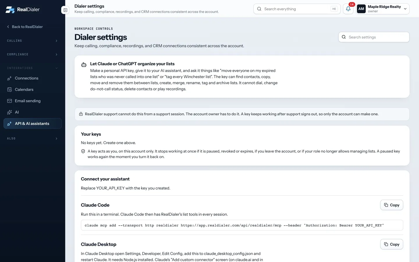 Create and manage personal API keys in RealDialer