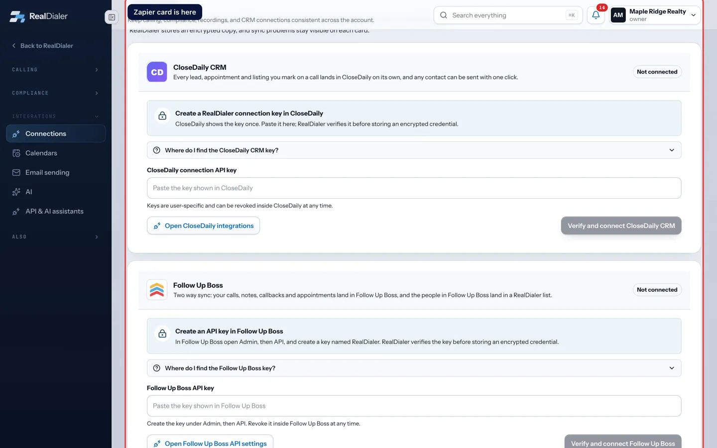 Connect RealDialer to Zapier: Zapier card is here
