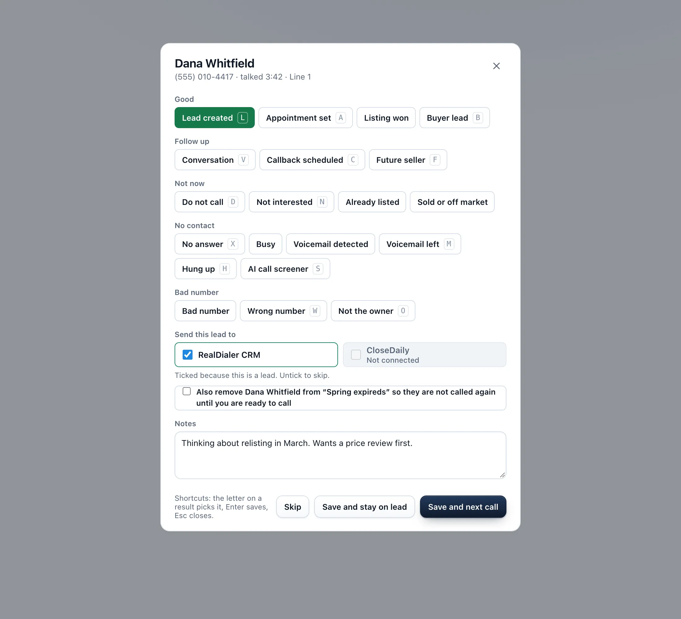 The result popup with Lead created picked, Send this lead to, and Save and stay on lead