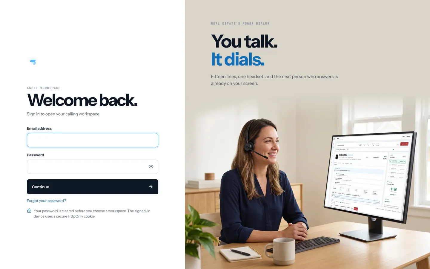 The RealDialer sign-in screen
