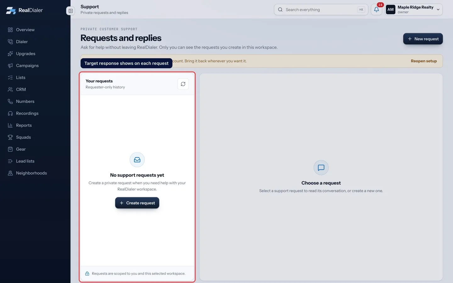 Support hours and response times: Target response shows on each request
