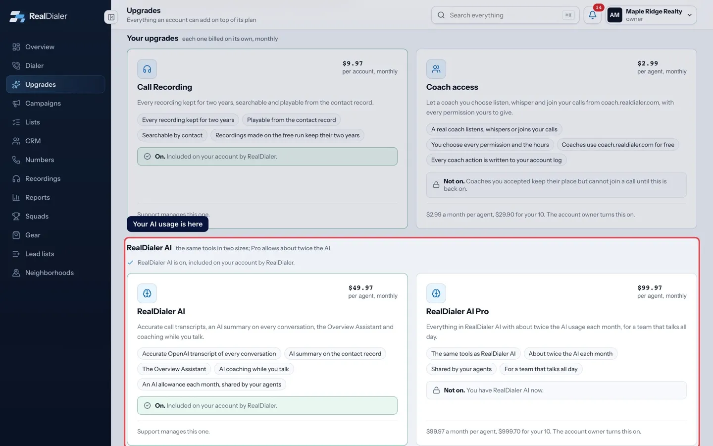 AI usage and moving to RealDialer AI Pro: Your AI usage is here