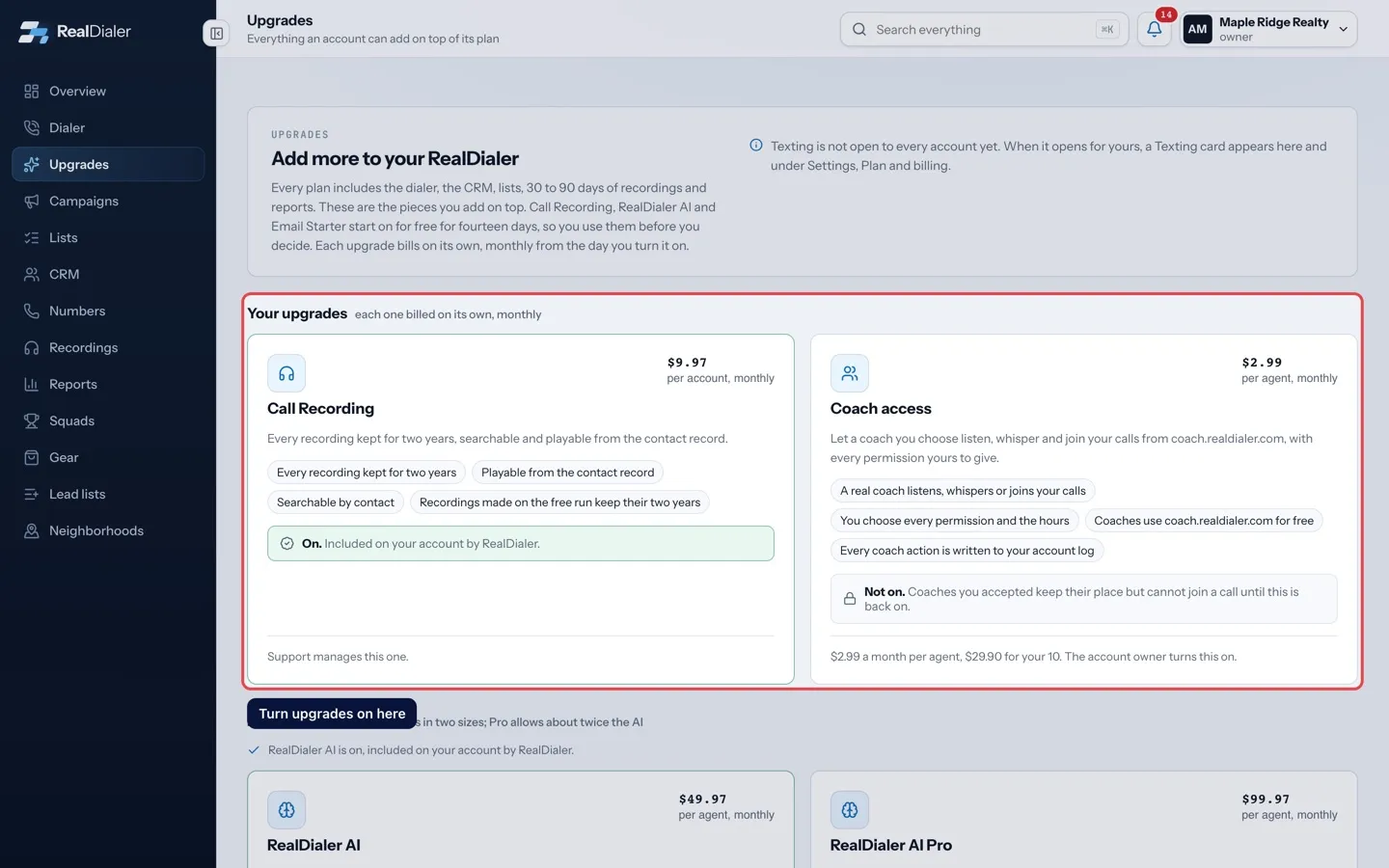 Turn an upgrade on or off: Turn upgrades on here
